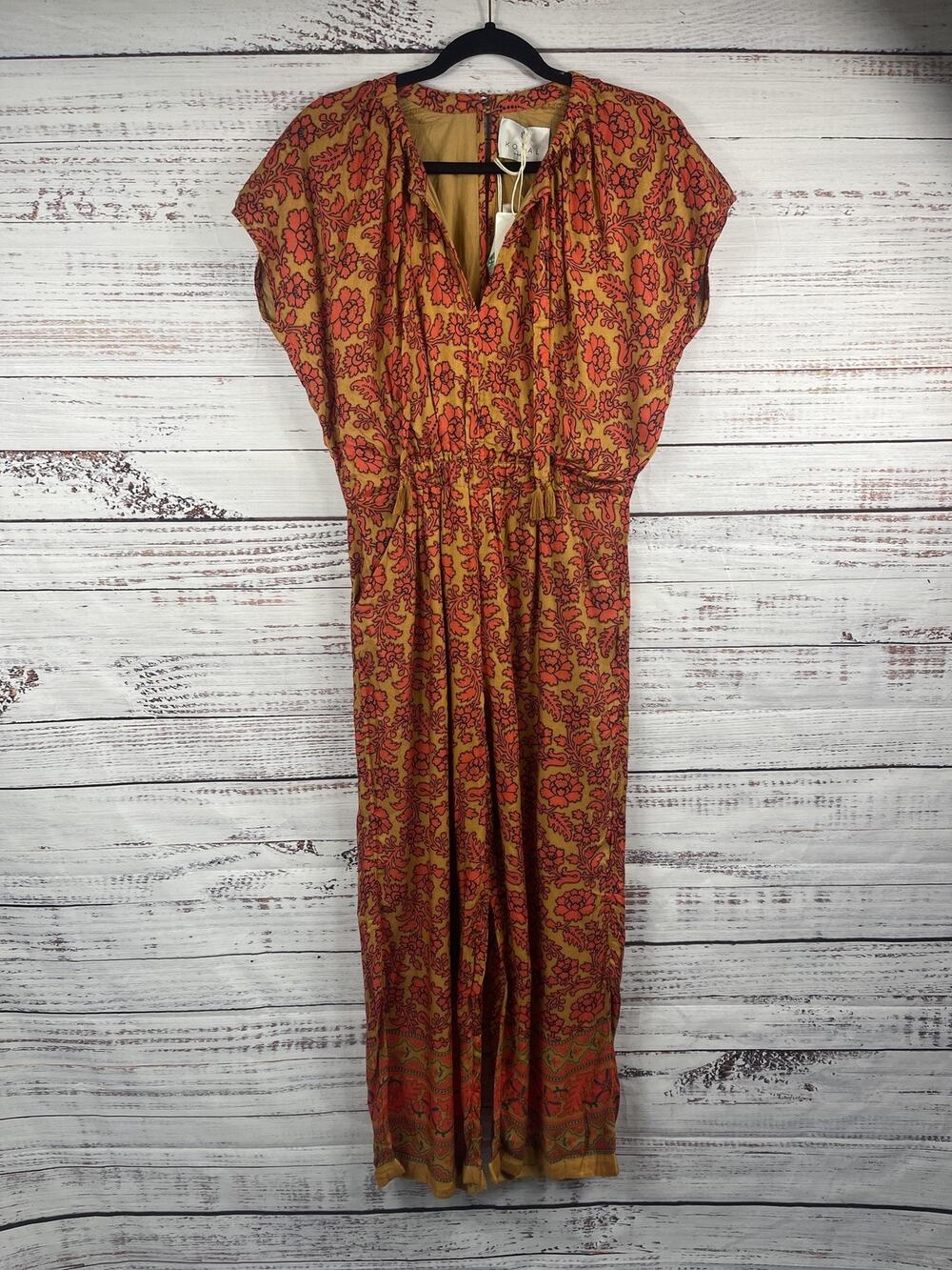 KOPAL Jumpsuit Women's Size Medium Yellow Floral Chand V Neck Tassel Boho Pocket